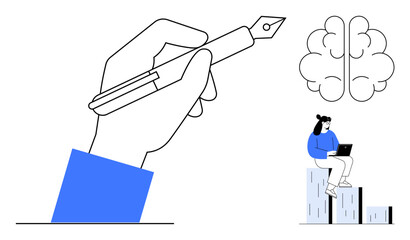 Hand holding pen symbolizing creativity, brain graphic for ideas, person on blocks using laptop for productivity. Ideal for innovation, brainstorming, writing, education, work, knowledge teamwork