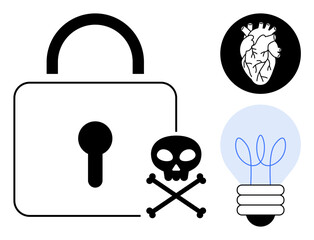 Padlock, heart anatomy, skull with crossbones, and lightbulb representing security, health, risk, ideas, danger protection creativity. Ideal for tech education healthcare innovation concepts