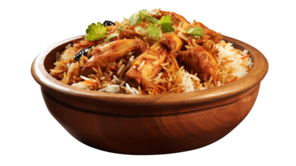 Delicious chicken biryani in a wooden bowl, garnished with fresh cilantro, isolated on transparent background a flavorful and aromatic rice dish with tender chicken pieces