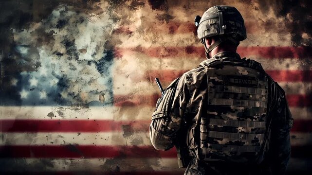 A soldier stands in front of an American flag, with a smoky atmosphere. The soldier is wearing a camouflage uniform, a helmet with a visor, and a tactical vest.