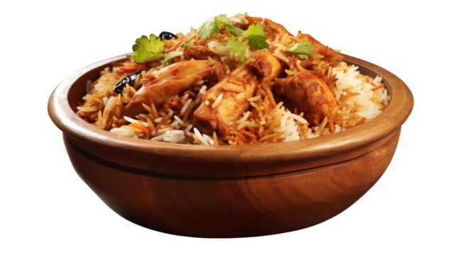 Delicious chicken biryani in a wooden bowl, garnished with fresh cilantro, isolated on transparent background a flavorful and aromatic rice dish with tender chicken pieces