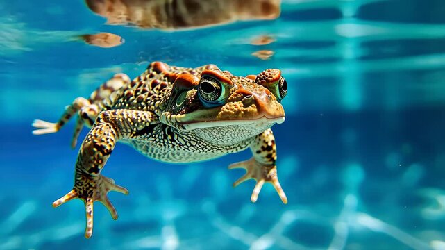 Amphibious Encounter: A close-up shot of a majestic toad swimming in clear water, highlighting the unique textures of its skin and the serene underwater environment.