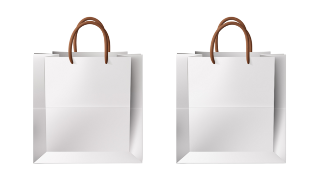 Two empty white paper shopping bags isolated on transparent background, ideal for retail, branding, and promotional designs, showcasing simplicity and elegance