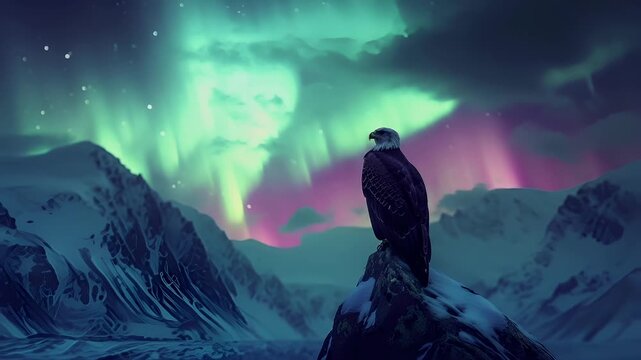 Aurora Borealis digital artwork with a bald eagle perched on a snowy mountain peak. The sky is a blend of cool and warm colors, with the aurora lights in shades of green, pink, and purple.