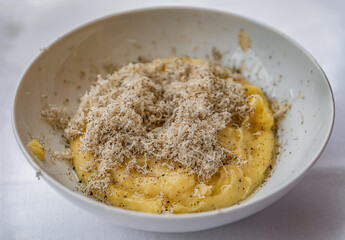 Mashed potatoes topped with shaved black truffles, a restaurant in Nice, France