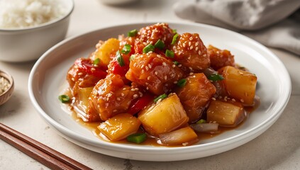 Sweet and Sour Chicken, crispy chicken pieces coated in glossy sweet and tangy sauce with bell peppers and pineapple, vibrant Asian cuisine visuals