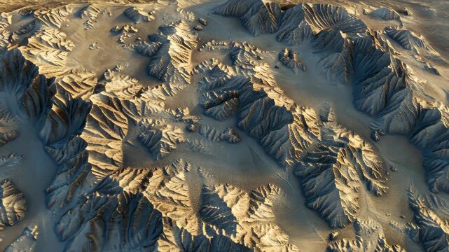 Arid Terrain: A mesmerizing aerial view unveils a rugged and vast landscape carved by the relentless forces of nature. Sculpted by time and elements, creating a scene of untamed wilderness.
