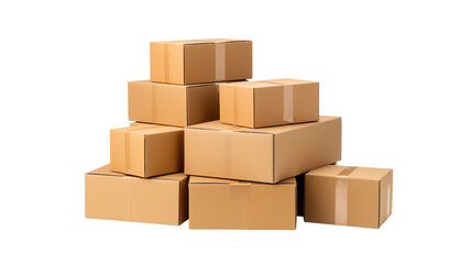 Pile of eight brown cardboard boxes isolated on transparent background, stacked in a pyramid shape, ready for shipping and moving, shot in studio