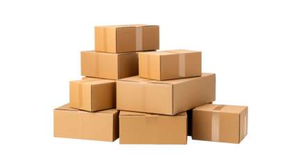 Pile of eight brown cardboard boxes isolated on transparent background, stacked in a pyramid shape, ready for shipping and moving, shot in studio