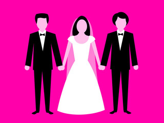 Polygamy and polyandry - one woman and female is married to multiple males and men. Bride is choosing between two rival grooms and announcement of winner. Adultery and infidelity. Vector illustration.