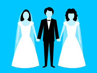 Polygamy and polygyny - one man and male is married to multiple females and women. Groom is choosing between two rival brides and announcement of winner. Adultery and infidelity. Vector illustration.