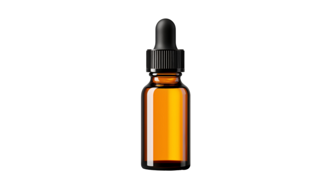 Amber glass bottle with dropper isolated on transparent background, ideal for showcasing cosmetic, aromatherapy, or pharmaceutical products in a simple and elegant style