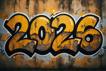 Grungy 2026 graffiti on aged concrete wall, urban street art style
