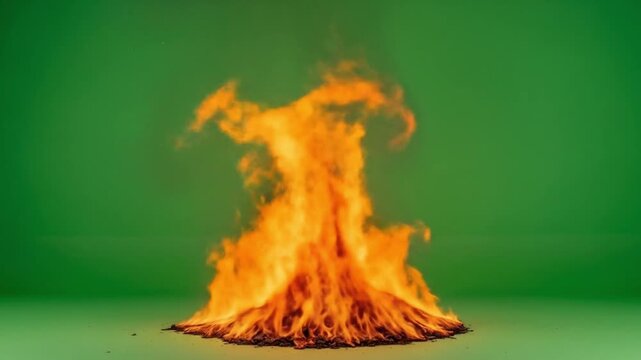 Dynamic fire burning against green screen backdrop for visual effects compositing and motion graphics, fiery orange flames heat and danger element