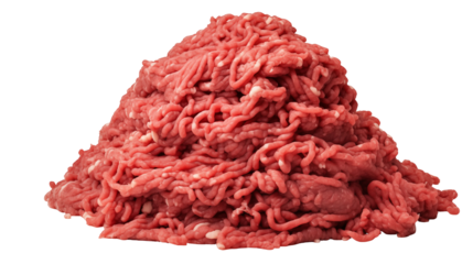 Large pile of raw ground beef isolated on transparent background, showcasing its texture and color, perfect for various culinary applications and recipes