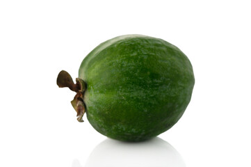 Close-up of ripe green feijoa fruits.
