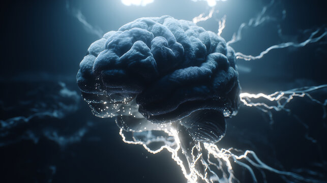 The human brain floats in a dark, void-like space. Complex, glowing neural pathways, composed of glowing data and binary code, emerge from the brain, forming a complex network that illuminates