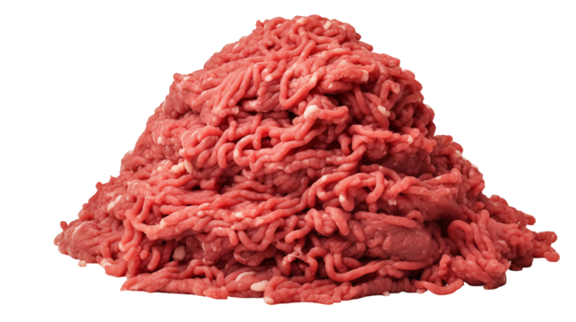 Large pile of raw ground beef isolated on transparent background, showcasing its texture and color, perfect for various culinary applications and recipes