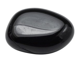11. Smooth, polished black obsidian stone with a reflective surface, natural element, transparent background.