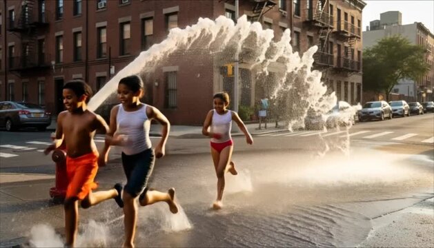 Children running through open fire hydrant spraying water in city street  