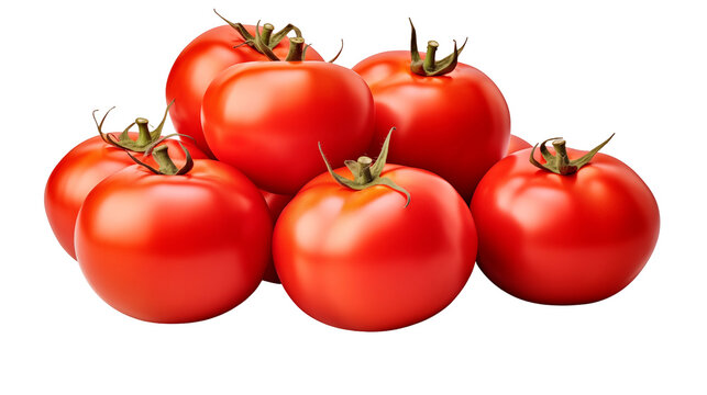 A vibrant pile of ripe red tomatoes isolated on transparent background, showcasing their smooth skin and green stems, ready to be used in cooking