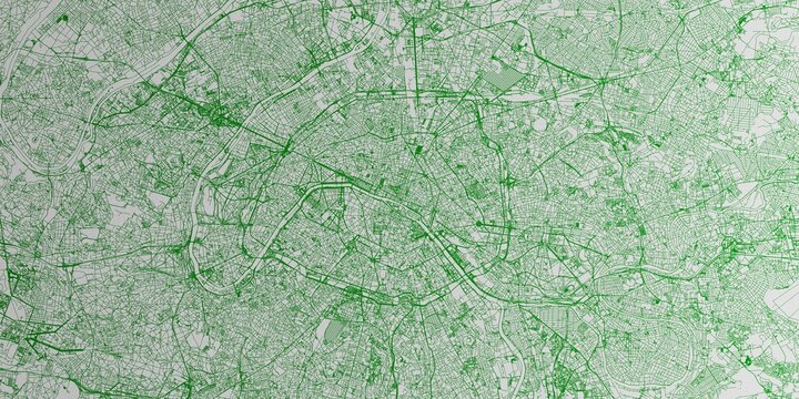 Paris (France) street map. The style of the map is green ink