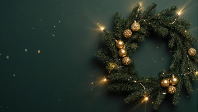 Festive Christmas Wreath with Golden Ornaments and Twinkling Lights on Dark Green Background.