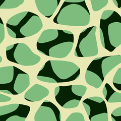 A seamless abstract pattern with green, yellow, and black intertwined shapes creating a camouflage pattern. Vector illustration for your designs.