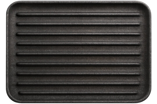 Cast iron grill pan background for cooking food and barbecue concepts, empty textured griddle with ribbed surface