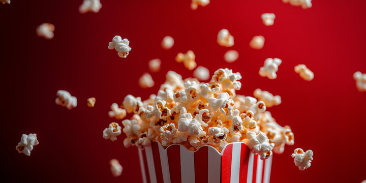 Red White Striped Popcorn Box Overflowing With Salty Snacks Against Dark Red Background