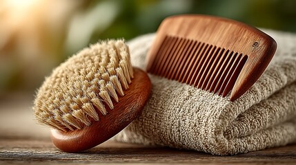 Bamboo hairbrush with fine bristles on towel high resolution picture