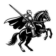 Brave armored knight on horseback raising sword in battle black and white art