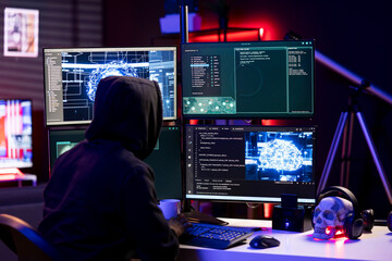 Hacker using artificial intelligence on computer to break into systems and access restricted data. Rogue engineer at desk using AI and VPN on dark web to steal sensitive information