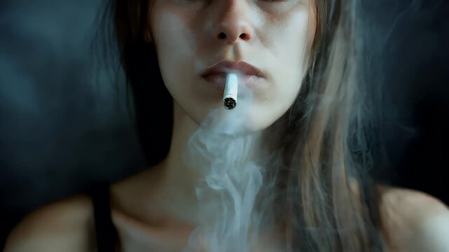 Marijuana cannabis topic concept. A closeup portrait of a woman exhaling smoke from a cigarette. The style is dramatic and evocative, with a focus on the womans face and the smoke.