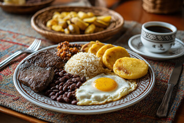 Traditional Colombian breakfast, served on the table with coffee