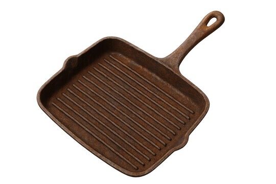 Cast iron grill pan rustic cooking equipment for home kitchen and restaurant use on transparent background
