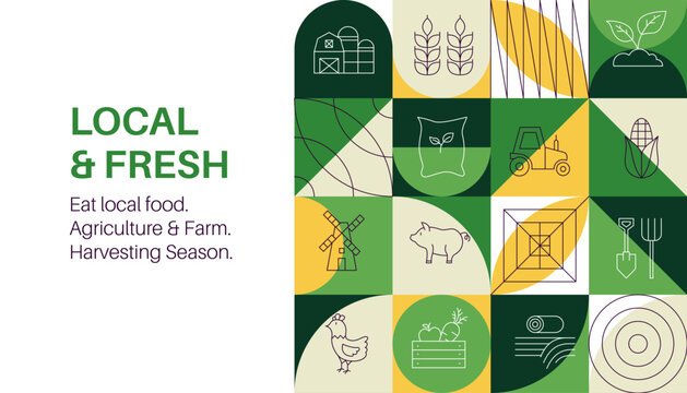 Local Farming Line Geometrical Poster. Modern Vector Banner Illustration Farm Landscape. Line Art Design. Organic Natural Fresh Harvest. Rural Outline Agricultural Concept For Sustainable Food 