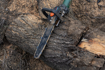 Electric chainsaw lying on logs