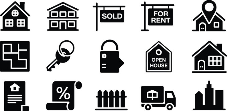 Real Estate and Property Icons – Minimalist Black Symbols for Housing, Rental, and Transaction UI Design