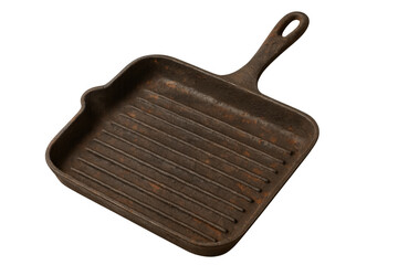 Vintage cast iron grill pan with rusty texture, rustic cooking cookware on transparent background