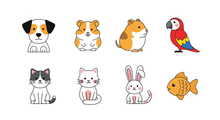 Cartoon animals illustration set dog hamster parrot cat rabbit fish