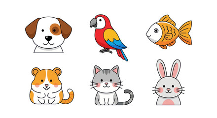 Cartoon animals illustration set dog parrot fish hamster cat rabbit