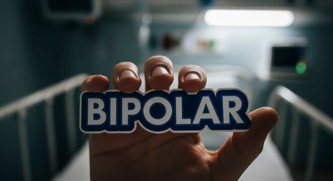 Mental Health Focus: An individual delicately holds a sign labeled BIPOLAR against the backdrop of a hospital room, a somber reflection on mental health awareness.