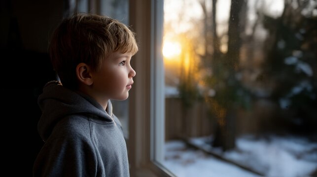 Boy looking out window at winter sunset, side view, snow in backyard, cozy home evening