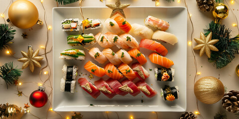 Creative sushi arrangement in the shape of a Christmas tree, featuring assorted nigiri and maki rolls on a white plate