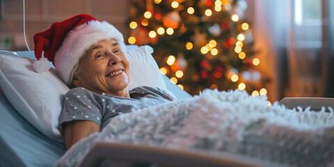 Happy elderly woman in a hospital bed, smiling and wearing a Santa hat, with a decorated Christmas tree and warm lights in the background.