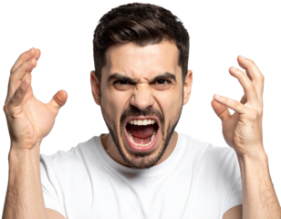 Face of angry man screaming or shouting, isolated on transparent background
