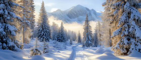 Snowy winter forest path leading to misty mountains at sunrise