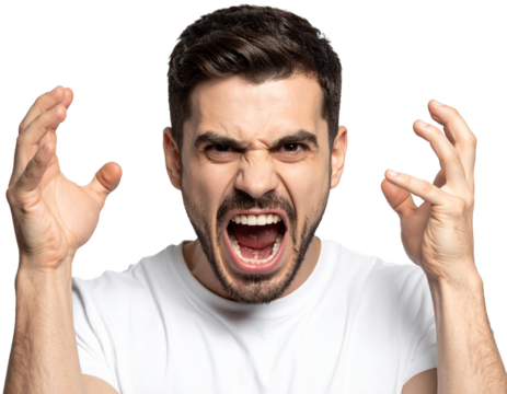 Face of angry man screaming or shouting, isolated on transparent background

