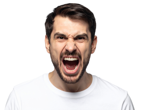 Face of angry man screaming or shouting, isolated on transparent background
